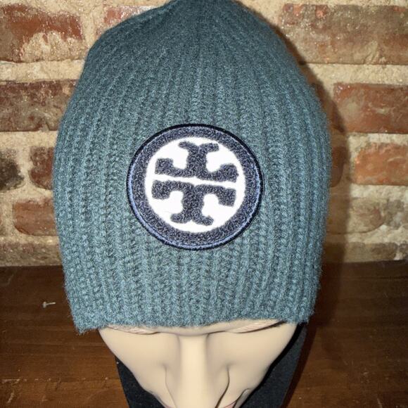 $138 Tory Burch Color Block Logo Embroidered Merino Wool Beanie Hunter Green EUC main image 7